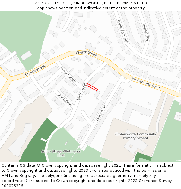23, SOUTH STREET, KIMBERWORTH, ROTHERHAM, S61 1ER: Location map and indicative extent of plot