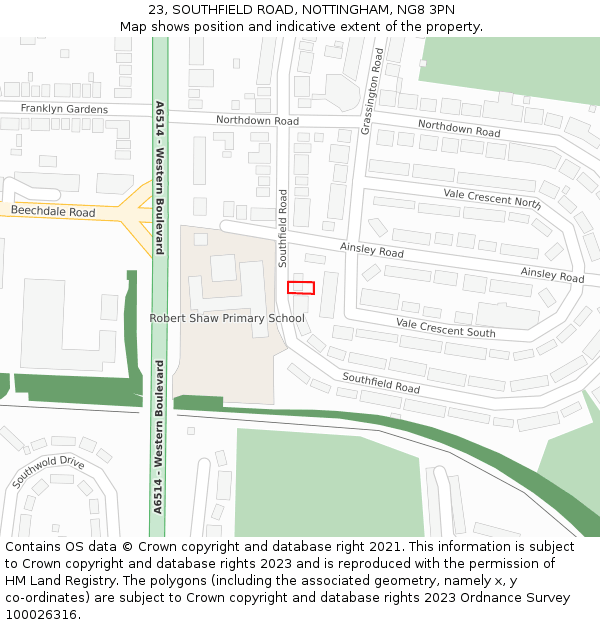 23, SOUTHFIELD ROAD, NOTTINGHAM, NG8 3PN: Location map and indicative extent of plot
