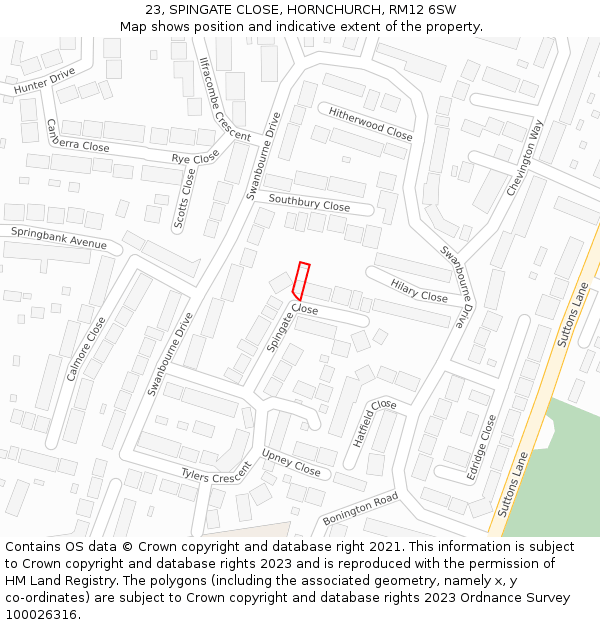 23, SPINGATE CLOSE, HORNCHURCH, RM12 6SW: Location map and indicative extent of plot