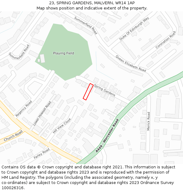 23, SPRING GARDENS, MALVERN, WR14 1AP: Location map and indicative extent of plot