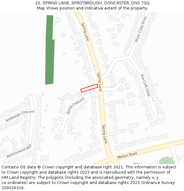 23, SPRING LANE, SPROTBROUGH, DONCASTER, DN5 7QQ: Location map and indicative extent of plot
