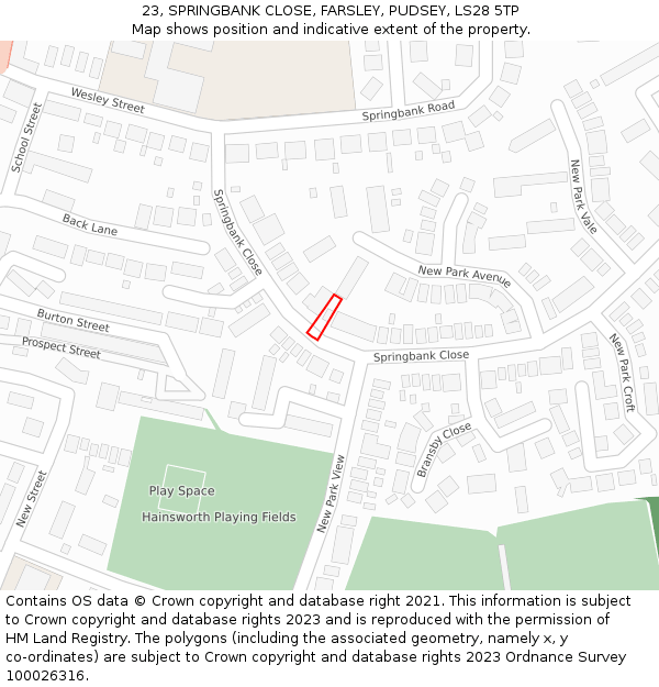 23, SPRINGBANK CLOSE, FARSLEY, PUDSEY, LS28 5TP: Location map and indicative extent of plot