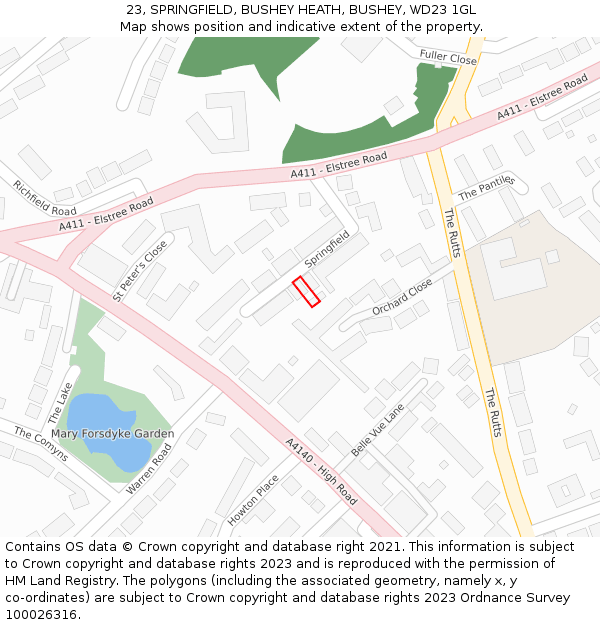 23, SPRINGFIELD, BUSHEY HEATH, BUSHEY, WD23 1GL: Location map and indicative extent of plot