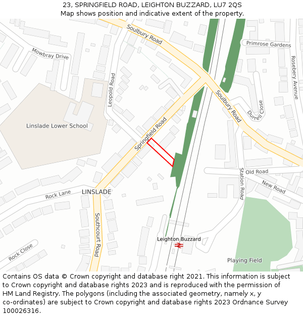 23, SPRINGFIELD ROAD, LEIGHTON BUZZARD, LU7 2QS: Location map and indicative extent of plot