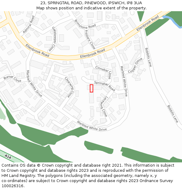 23, SPRINGTAIL ROAD, PINEWOOD, IPSWICH, IP8 3UA: Location map and indicative extent of plot
