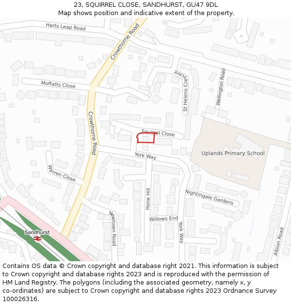 23, SQUIRREL CLOSE, SANDHURST, GU47 9DL: Location map and indicative extent of plot