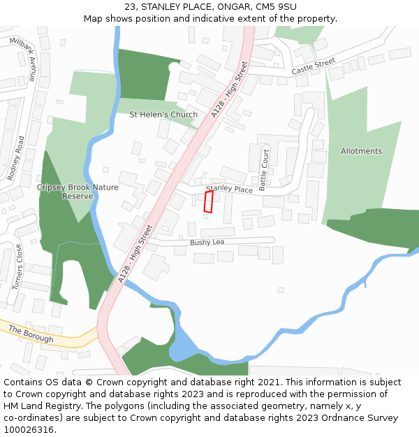 23, STANLEY PLACE, ONGAR, CM5 9SU: Location map and indicative extent of plot