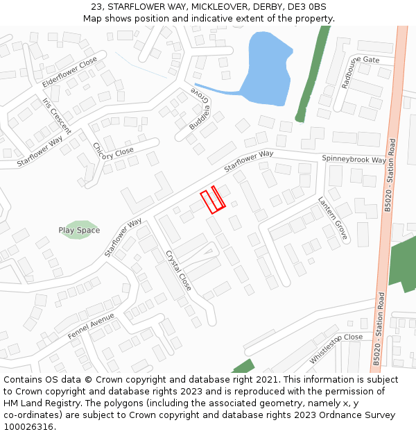 23, STARFLOWER WAY, MICKLEOVER, DERBY, DE3 0BS: Location map and indicative extent of plot