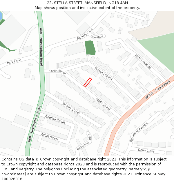 23, STELLA STREET, MANSFIELD, NG18 4AN: Location map and indicative extent of plot