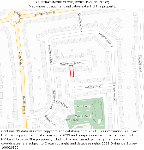 23, STRATHMORE CLOSE, WORTHING, BN13 1PQ: Location map and indicative extent of plot
