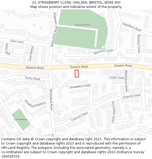 23, STRAWBERRY CLOSE, NAILSEA, BRISTOL, BS48 4NY: Location map and indicative extent of plot