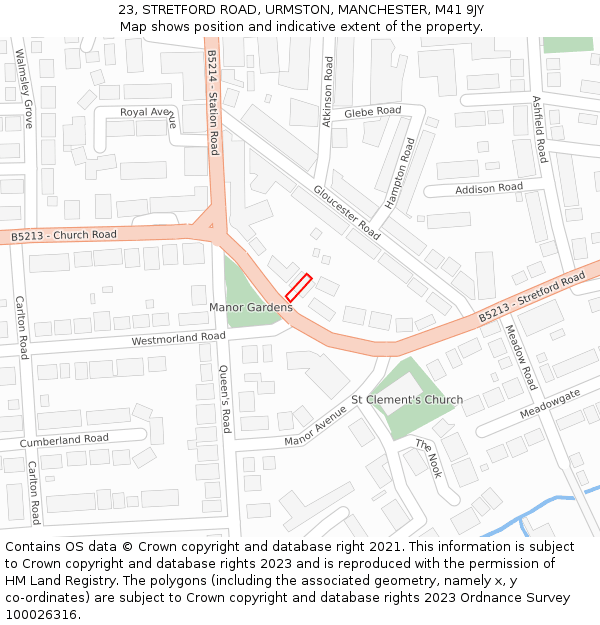 23, STRETFORD ROAD, URMSTON, MANCHESTER, M41 9JY: Location map and indicative extent of plot