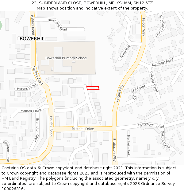 23, SUNDERLAND CLOSE, BOWERHILL, MELKSHAM, SN12 6TZ: Location map and indicative extent of plot