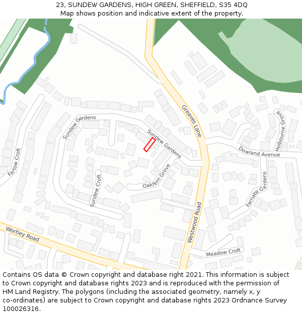 23, SUNDEW GARDENS, HIGH GREEN, SHEFFIELD, S35 4DQ: Location map and indicative extent of plot
