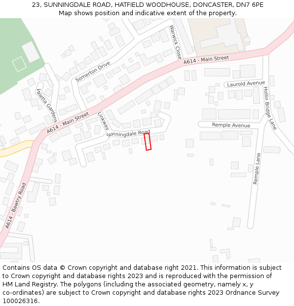 23, SUNNINGDALE ROAD, HATFIELD WOODHOUSE, DONCASTER, DN7 6PE: Location map and indicative extent of plot