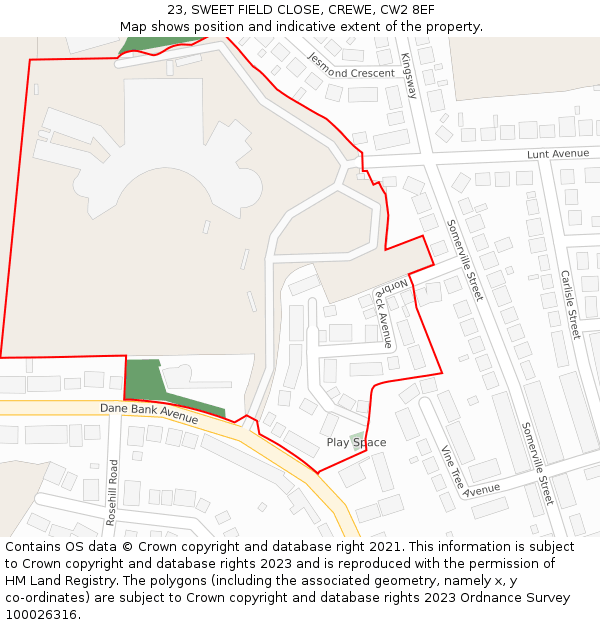 23, SWEET FIELD CLOSE, CREWE, CW2 8EF: Location map and indicative extent of plot