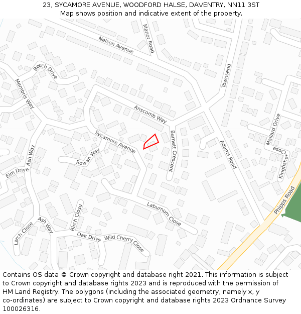 23, SYCAMORE AVENUE, WOODFORD HALSE, DAVENTRY, NN11 3ST: Location map and indicative extent of plot