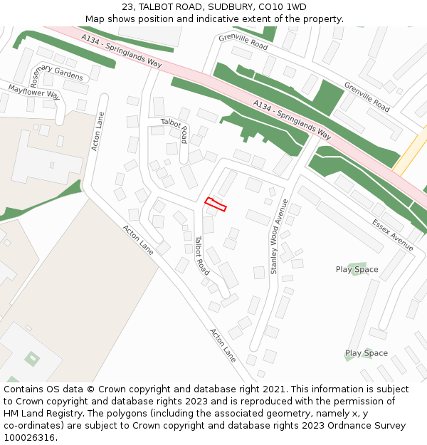 23, TALBOT ROAD, SUDBURY, CO10 1WD: Location map and indicative extent of plot