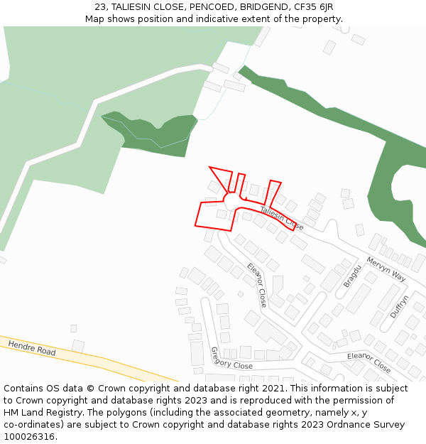 23, TALIESIN CLOSE, PENCOED, BRIDGEND, CF35 6JR: Location map and indicative extent of plot