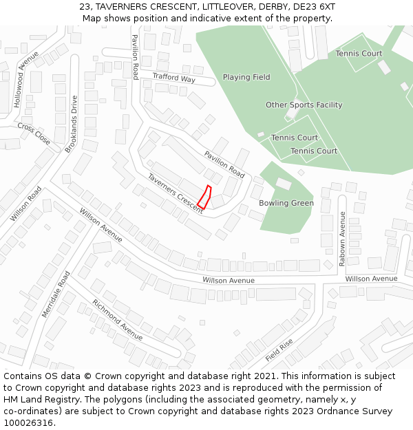 23, TAVERNERS CRESCENT, LITTLEOVER, DERBY, DE23 6XT: Location map and indicative extent of plot