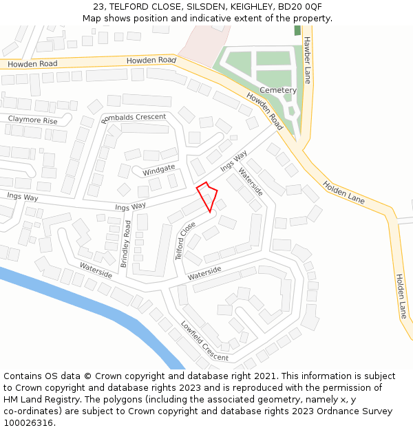23, TELFORD CLOSE, SILSDEN, KEIGHLEY, BD20 0QF: Location map and indicative extent of plot