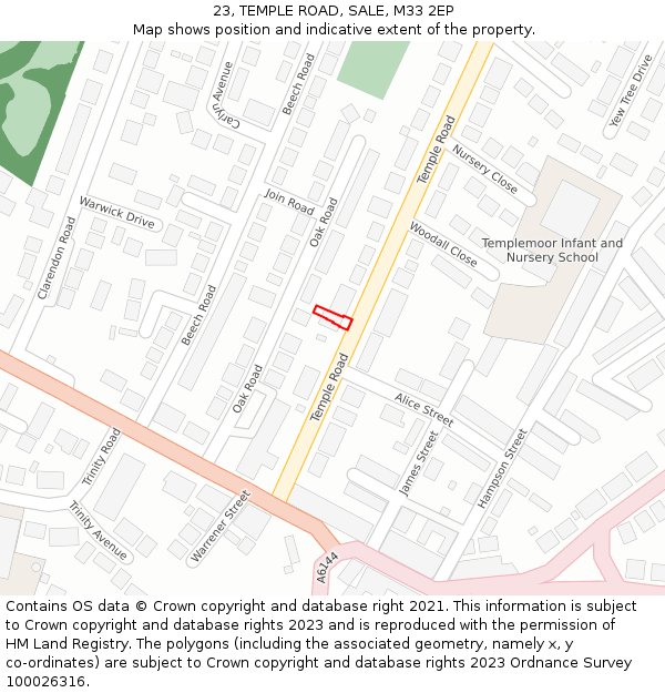 23, TEMPLE ROAD, SALE, M33 2EP: Location map and indicative extent of plot