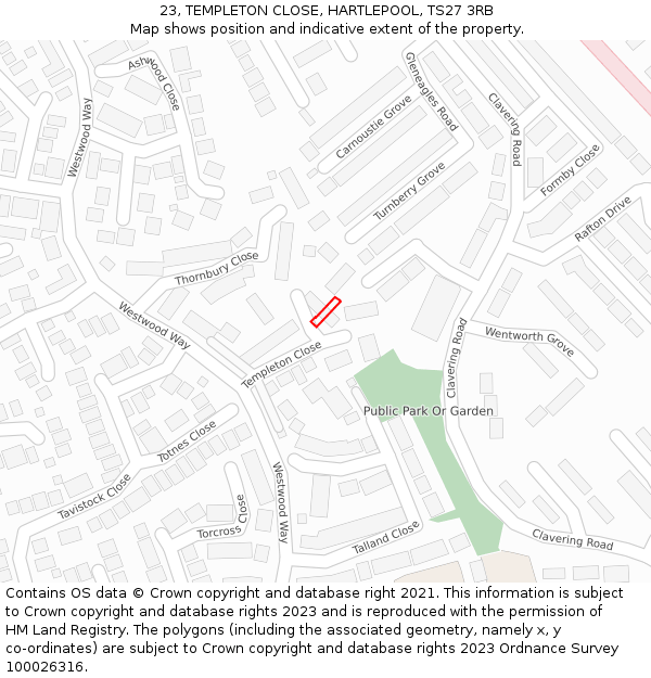 23, TEMPLETON CLOSE, HARTLEPOOL, TS27 3RB: Location map and indicative extent of plot