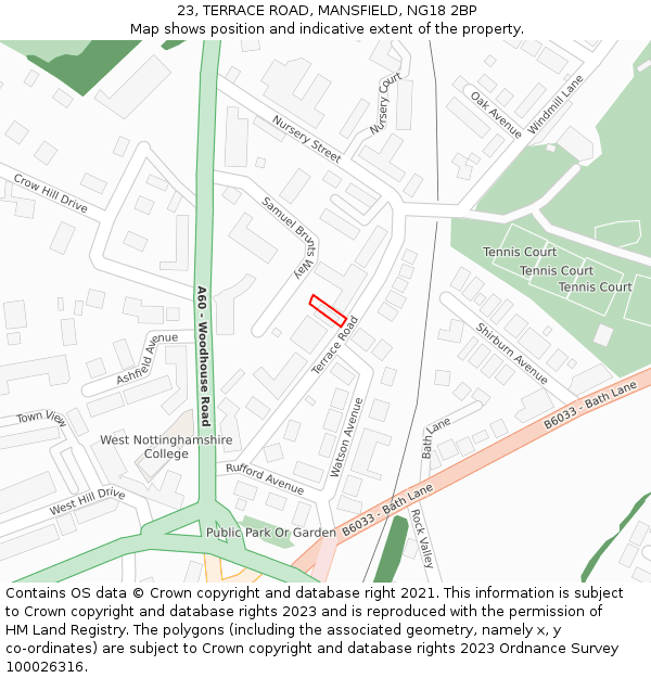 23, TERRACE ROAD, MANSFIELD, NG18 2BP: Location map and indicative extent of plot