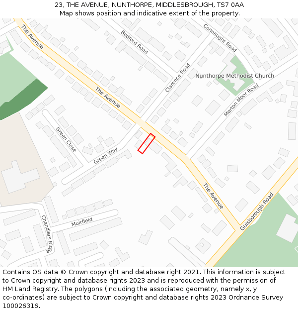 23, THE AVENUE, NUNTHORPE, MIDDLESBROUGH, TS7 0AA: Location map and indicative extent of plot
