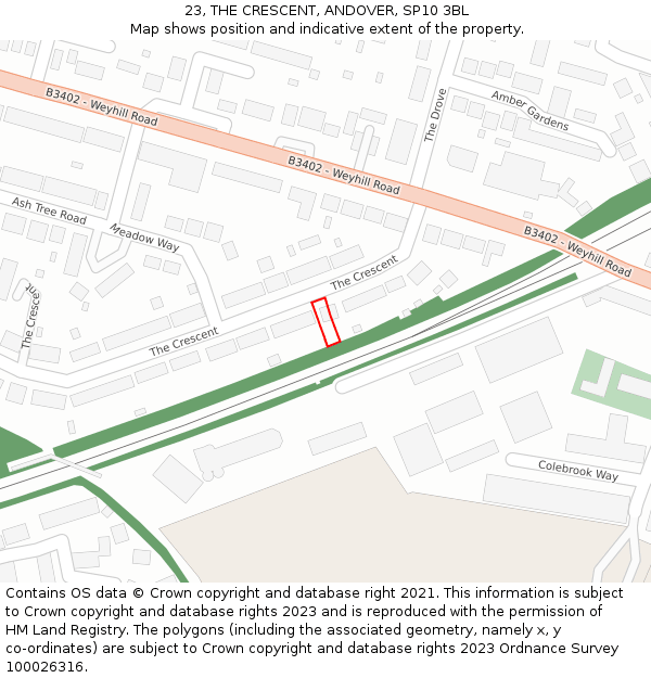 23, THE CRESCENT, ANDOVER, SP10 3BL: Location map and indicative extent of plot