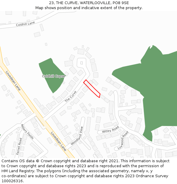 23, THE CURVE, WATERLOOVILLE, PO8 9SE: Location map and indicative extent of plot