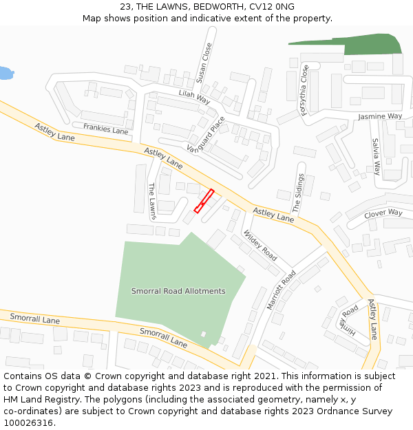 23, THE LAWNS, BEDWORTH, CV12 0NG: Location map and indicative extent of plot