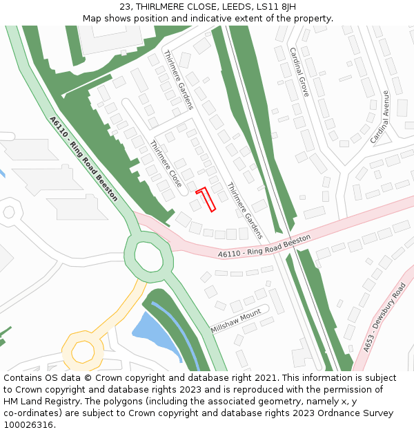23, THIRLMERE CLOSE, LEEDS, LS11 8JH: Location map and indicative extent of plot