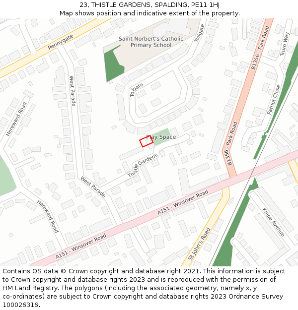 23, THISTLE GARDENS, SPALDING, PE11 1HJ: Location map and indicative extent of plot