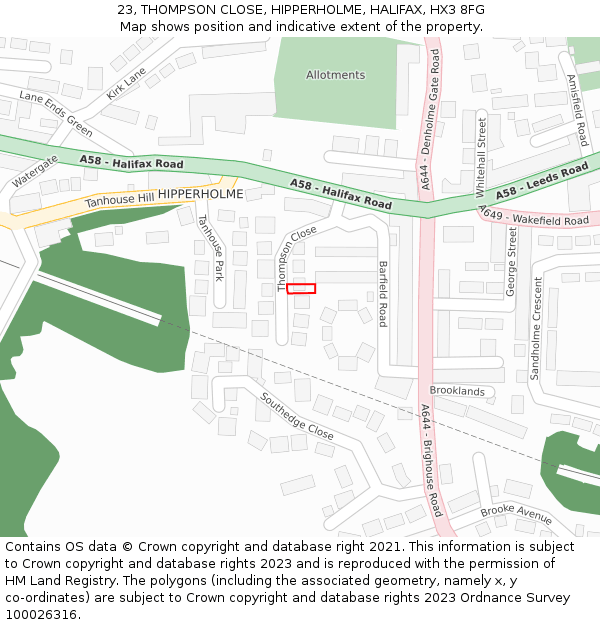 23, THOMPSON CLOSE, HIPPERHOLME, HALIFAX, HX3 8FG: Location map and indicative extent of plot