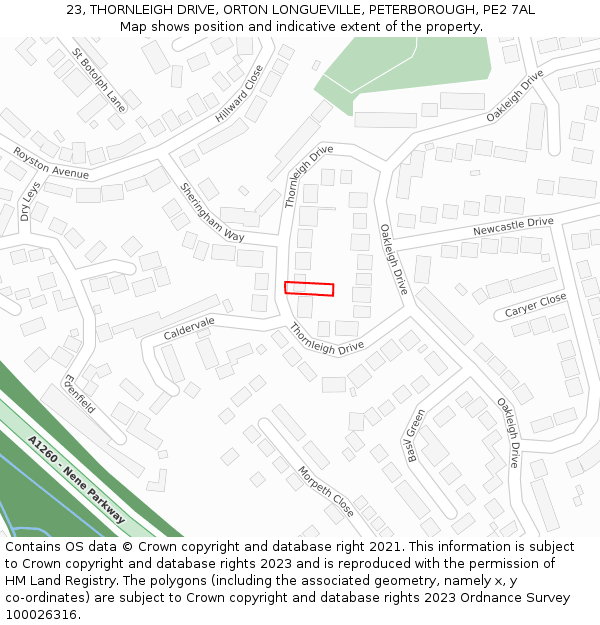 23, THORNLEIGH DRIVE, ORTON LONGUEVILLE, PETERBOROUGH, PE2 7AL: Location map and indicative extent of plot