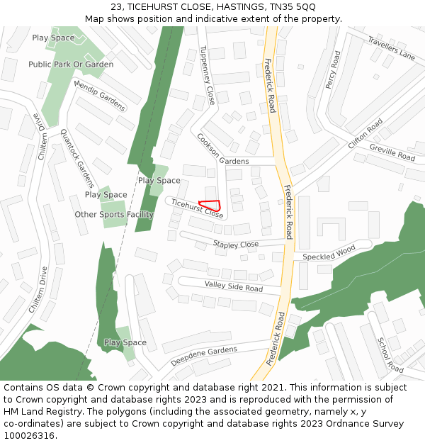 23, TICEHURST CLOSE, HASTINGS, TN35 5QQ: Location map and indicative extent of plot