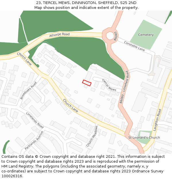 23, TIERCEL MEWS, DINNINGTON, SHEFFIELD, S25 2ND: Location map and indicative extent of plot
