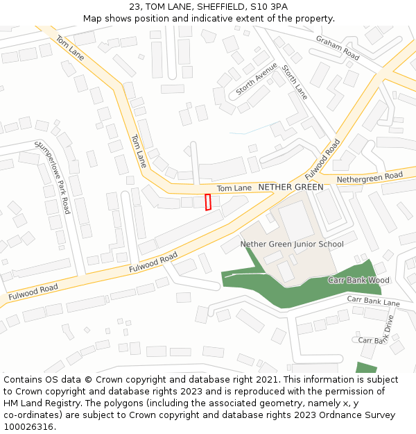 23, TOM LANE, SHEFFIELD, S10 3PA: Location map and indicative extent of plot