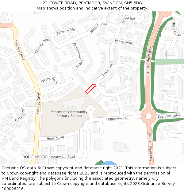 23, TOWER ROAD, PEATMOOR, SWINDON, SN5 5BG: Location map and indicative extent of plot