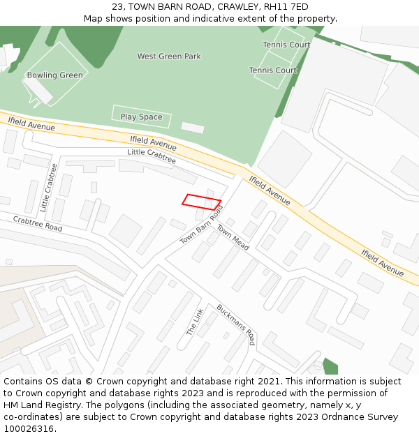 23, TOWN BARN ROAD, CRAWLEY, RH11 7ED: Location map and indicative extent of plot