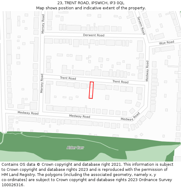 23, TRENT ROAD, IPSWICH, IP3 0QL: Location map and indicative extent of plot