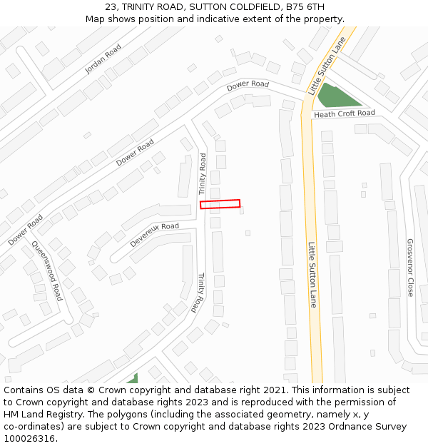 23, TRINITY ROAD, SUTTON COLDFIELD, B75 6TH: Location map and indicative extent of plot