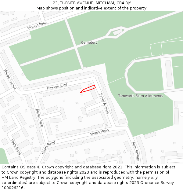 23, TURNER AVENUE, MITCHAM, CR4 3JY: Location map and indicative extent of plot