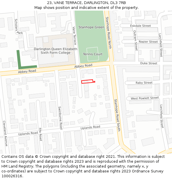 23, VANE TERRACE, DARLINGTON, DL3 7RB: Location map and indicative extent of plot