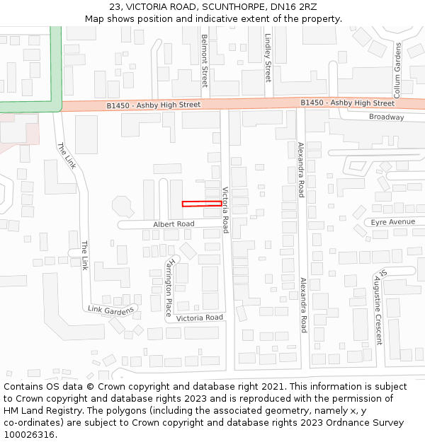 23, VICTORIA ROAD, SCUNTHORPE, DN16 2RZ: Location map and indicative extent of plot