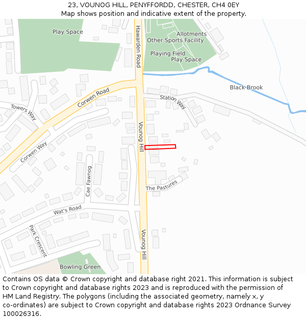 23, VOUNOG HILL, PENYFFORDD, CHESTER, CH4 0EY: Location map and indicative extent of plot