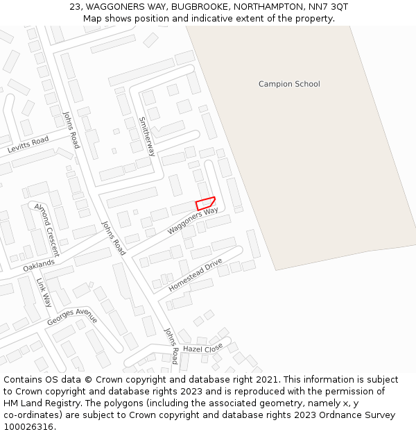 23, WAGGONERS WAY, BUGBROOKE, NORTHAMPTON, NN7 3QT: Location map and indicative extent of plot