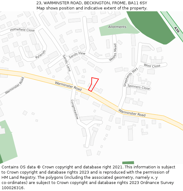 23, WARMINSTER ROAD, BECKINGTON, FROME, BA11 6SY: Location map and indicative extent of plot