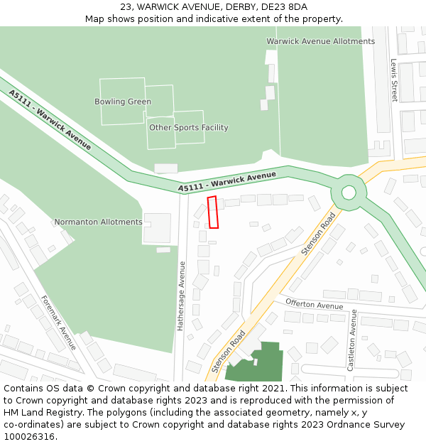 23, WARWICK AVENUE, DERBY, DE23 8DA: Location map and indicative extent of plot